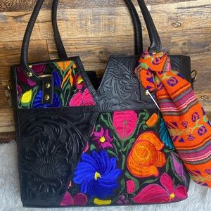 Mexican flower embroidered shoulder bag